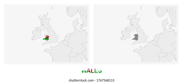 Two versions of the map of Wales, with the flag of Wales and highlighted in dark grey. Vector map.