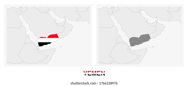 Two versions of the map of Yemen, with the flag of Yemen and highlighted in dark grey. Vector map.