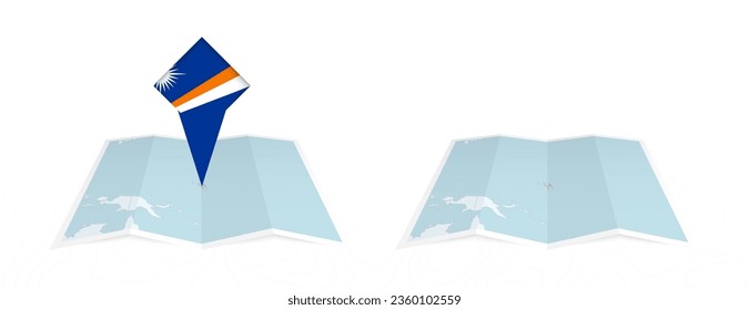 Dos versiones de un mapa doblado de las Islas Marshall, una con una bandera del país fijada y otra con una bandera en el contorno del mapa. Plantilla para diseño impreso y en línea. Ilustración vectorial.
