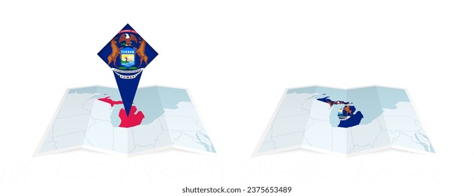 Two versions of an Michigan folded map, one with a pinned country flag and one with a flag in the map contour. Template for both print and online design. Vector illustration.