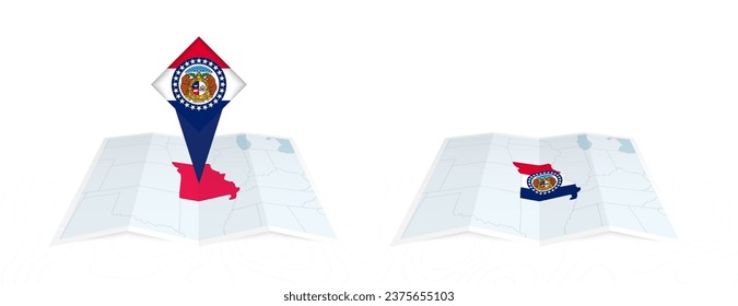 Two versions of an Missouri folded map, one with a pinned country flag and one with a flag in the map contour. Template for both print and online design. Vector illustration.