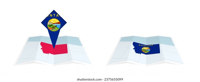 Two versions of an Montana folded map, one with a pinned country flag and one with a flag in the map contour. Template for both print and online design. Vector illustration.