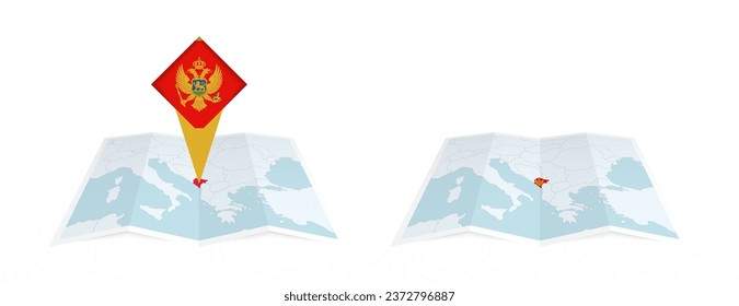 Two versions of an Montenegro folded map, one with a pinned country flag and one with a flag in the map contour. Template for both print and online design. Vector illustration.