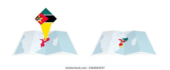 Dos versiones de un mapa doblado de Mozambique, una con una bandera del país fijada y otra con una bandera en el contorno del mapa. Plantilla para diseño impreso y en línea. Ilustración vectorial.