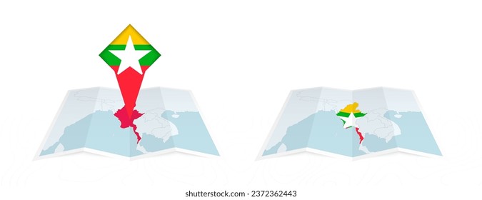 Two versions of an Myanmar folded map, one with a pinned country flag and one with a flag in the map contour. Template for both print and online design. Vector illustration.