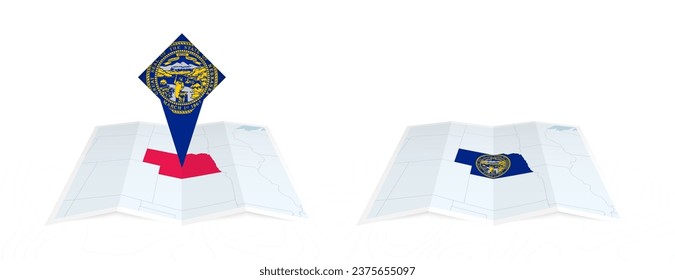 Two versions of an Nebraska folded map, one with a pinned country flag and one with a flag in the map contour. Template for both print and online design. Vector illustration.