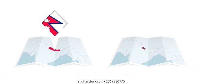 Two versions of an Nepal folded map, one with a pinned country flag and one with a flag in the map contour. Template for both print and online design. Vector illustration.