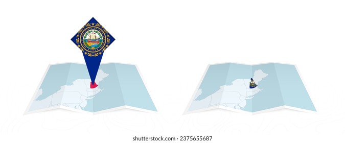 Two versions of an New Hampshire folded map, one with a pinned country flag and one with a flag in the map contour. Template for both print and online design. Vector illustration.