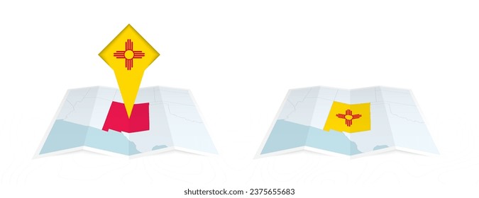 Dos versiones de un mapa doblado de Nuevo México, una con una bandera del país fijada y otra con una bandera en el contorno del mapa. Plantilla para diseño impreso y en línea. Ilustración vectorial.