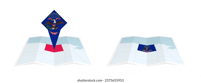 Zwei Versionen einer gefalteten Norddakota-Karte, eine mit einer eingepolsterten Landesflagge und eine mit einer Flagge in der Kartenkontur. Vorlage für Print- und Online-Design. Vektorgrafik.