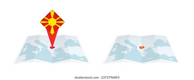 Zwei Versionen einer gefalteten Nordmakedonien-Karte, eine mit eingeprägter Landesflagge und eine mit einer Flagge in der Kartenkontur. Vorlage für Print- und Online-Design. Vektorgrafik.