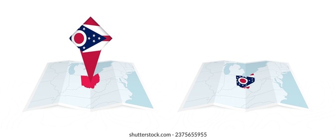 Two versions of an Ohio folded map, one with a pinned country flag and one with a flag in the map contour. Template for both print and online design. Vector illustration.