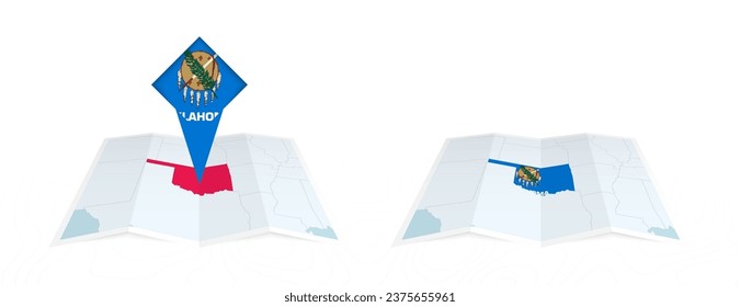 Two versions of an Oklahoma folded map, one with a pinned country flag and one with a flag in the map contour. Template for both print and online design. Vector illustration.