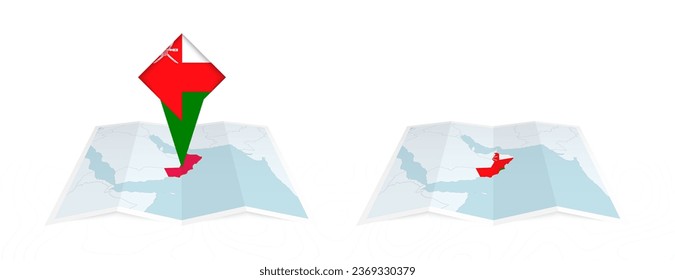 Two versions of an Oman folded map, one with a pinned country flag and one with a flag in the map contour. Template for both print and online design. Vector illustration.