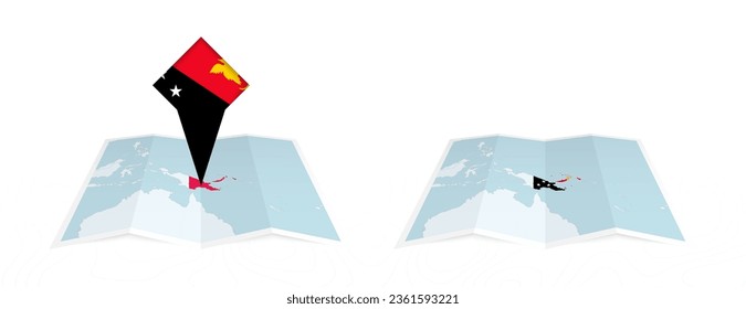 Two versions of an Papua New Guinea folded map, one with a pinned country flag and one with a flag in the map contour. Template for both print and online design. Vector illustration.