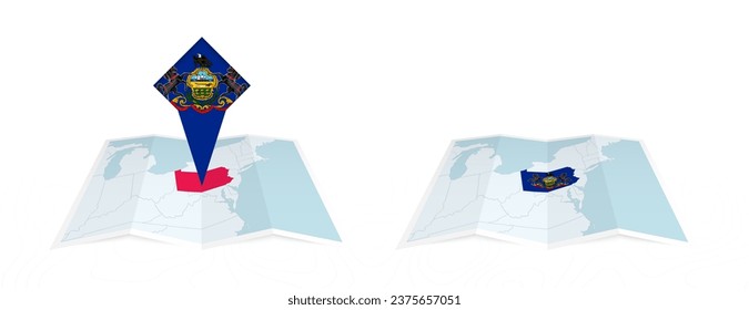 Dos versiones de un mapa doblado de Pennsylvania, una con una bandera del país fijada y otra con una bandera en el contorno del mapa. Plantilla para diseño impreso y en línea. Ilustración vectorial.
