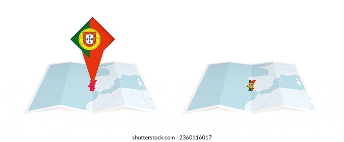 Two versions of an Portugal folded map, one with a pinned country flag and one with a flag in the map contour. Template for both print and online design. Vector illustration.
