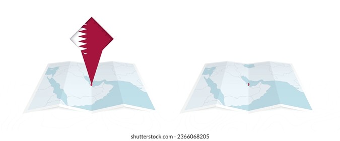 Two versions of an Qatar folded map, one with a pinned country flag and one with a flag in the map contour. Template for both print and online design. Vector illustration.