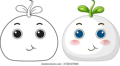 Dos versiones de un personaje redondo con un brote verde, que incluyen ilustraciones de contorno y colores