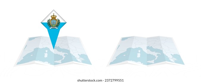 Two versions of an San Marino folded map, one with a pinned country flag and one with a flag in the map contour. Template for both print and online design. Vector illustration.