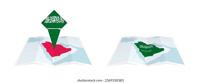 Dos versiones de un mapa doblado de Arabia Saudita, una con una bandera del país fijada y otra con una bandera en el contorno del mapa. Plantilla para diseño impreso y en línea. Ilustración vectorial.