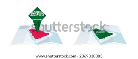 Two versions of an Saudi Arabia folded map, one with a pinned country flag and one with a flag in the map contour. Template for both print and online design. Vector illustration.