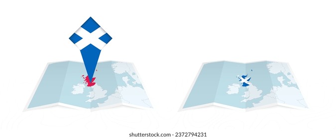 Two versions of an Scotland folded map, one with a pinned country flag and one with a flag in the map contour. Template for both print and online design. Vector illustration.