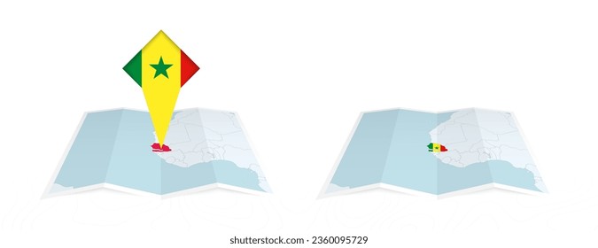 Two versions of an Senegal folded map, one with a pinned country flag and one with a flag in the map contour. Template for both print and online design. Vector illustration.