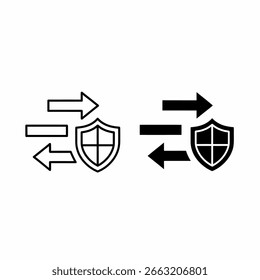Two versions of a shield symbol with arrows, representing protection and data flow.