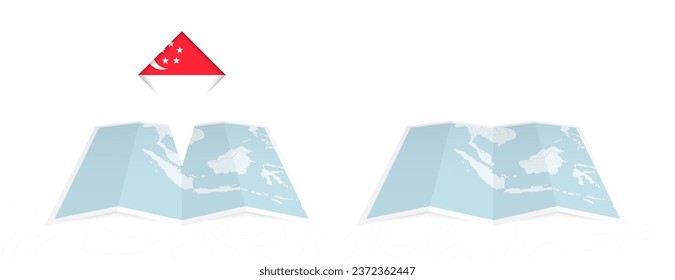 Two versions of an Singapore folded map, one with a pinned country flag and one with a flag in the map contour. Template for both print and online design. Vector illustration.