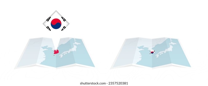 Dos versiones de un mapa doblado de Corea del Sur, una con una bandera del país fijada y otra con una bandera en el contorno del mapa. Plantilla para diseño impreso y en línea. Ilustración vectorial.