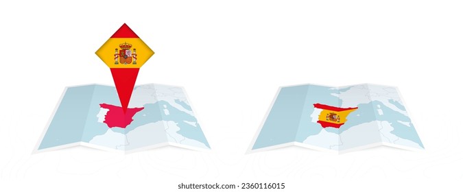 Two versions of an Spain folded map, one with a pinned country flag and one with a flag in the map contour. Template for both print and online design. Vector illustration.