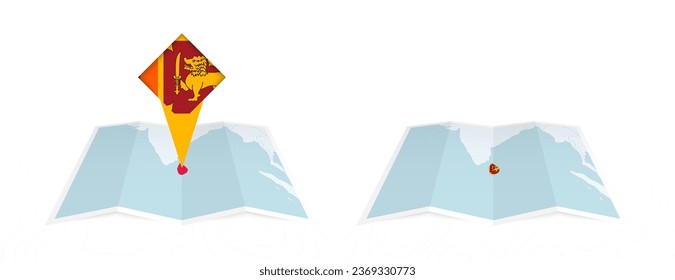 Zwei Versionen einer gefalteten Karte Sri Lankas, eine mit einer verstopften Landesflagge und eine mit einer Flagge in der Kartenkontur. Vorlage für Print- und Online-Design. Vektorgrafik.