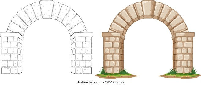 Two versions of a stone archway, one line art and one colored with grass