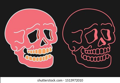 Two versions of a stylized laughing skull. 