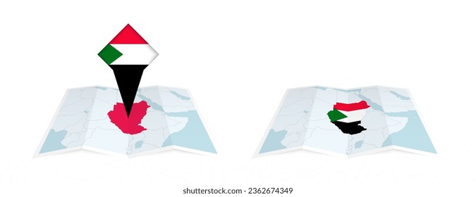 Two versions of an Sudan folded map, one with a pinned country flag and one with a flag in the map contour. Template for both print and online design. Vector illustration.