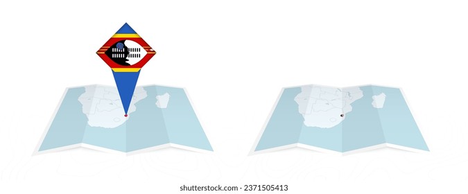 Two versions of an Swaziland folded map, one with a pinned country flag and one with a flag in the map contour. Template for both print and online design. Vector illustration.