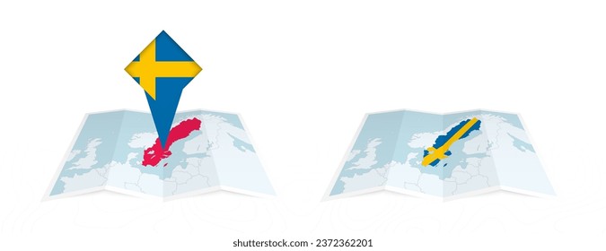 Two versions of an Sweden folded map, one with a pinned country flag and one with a flag in the map contour. Template for both print and online design. Vector illustration.