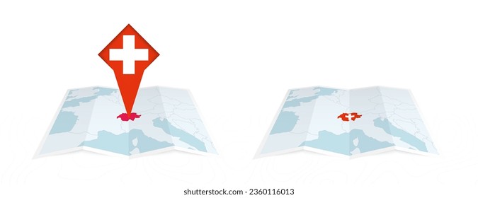 Two versions of an Switzerland folded map, one with a pinned country flag and one with a flag in the map contour. Template for both print and online design. Vector illustration.