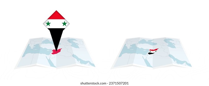 Two versions of an Syria folded map, one with a pinned country flag and one with a flag in the map contour. Template for both print and online design. Vector illustration.