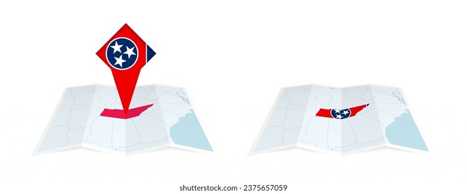 Two versions of an Tennessee folded map, one with a pinned country flag and one with a flag in the map contour. Template for both print and online design. Vector illustration.