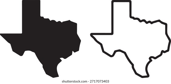 Zwei Versionen der Texas State Outline: eine ausgefüllt, eine umrissen, sowohl in schwarz als auch in weiß.