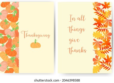 Two versions of Thanksgiving cards. November. Pumpkins. Autumn leaves. Bright palette. Pumpkins and leaves on the sides. Vector in flat style. Suitable for growths.