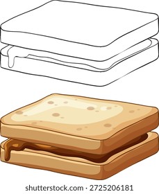 Duas versões de um sanduíche tostado de manteiga de amendoim mostradas em vetor colorido e arte de linha