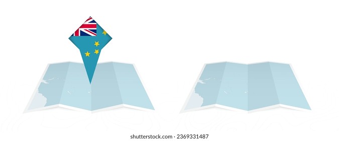 Dos versiones de un mapa doblado de Tuvalu, una con una bandera del país fijada y otra con una bandera en el contorno del mapa. Plantilla para diseño impreso y en línea. Ilustración vectorial.