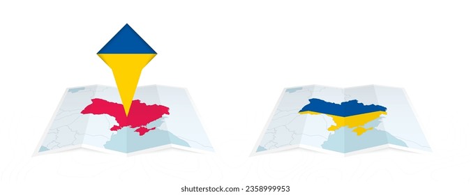 Two versions of an Ukraine folded map, one with a pinned country flag and one with a flag in the map contour. Template for both print and online design. Vector illustration.