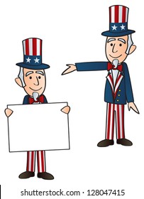 Two versions of Uncle Sam. One with a sigh and one with his arm out presenting.