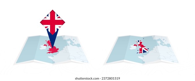 Two versions of an United Kingdom folded map, one with a pinned country flag and one with a flag in the map contour. Template for both print and online design. Vector illustration.