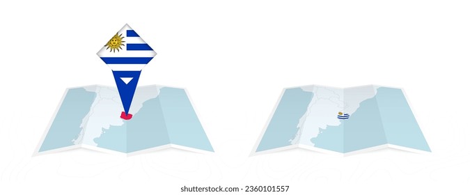 Two versions of an Uruguay folded map, one with a pinned country flag and one with a flag in the map contour. Template for both print and online design. Vector illustration.