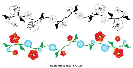 two versions of a vector illustration design of a floral vine border. One in color and the other in black and white.